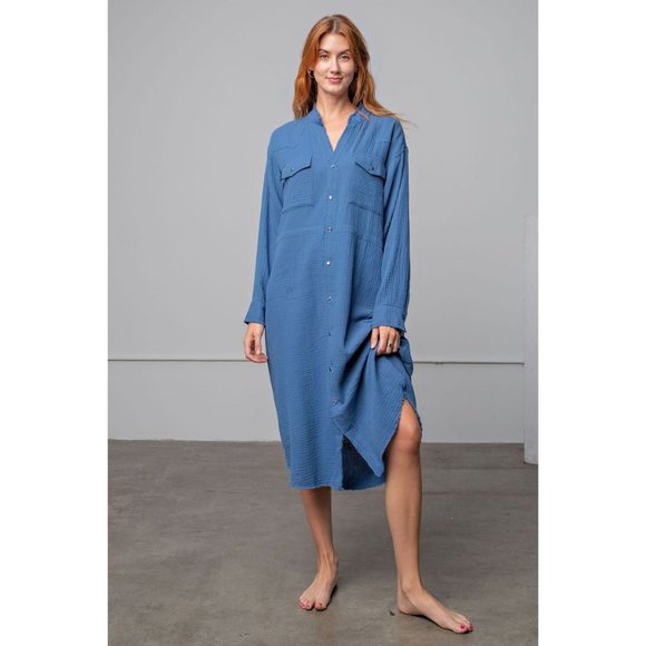 easel Dresses Easel Teal Blue Chest Pocket Cotton Gauze Button Down